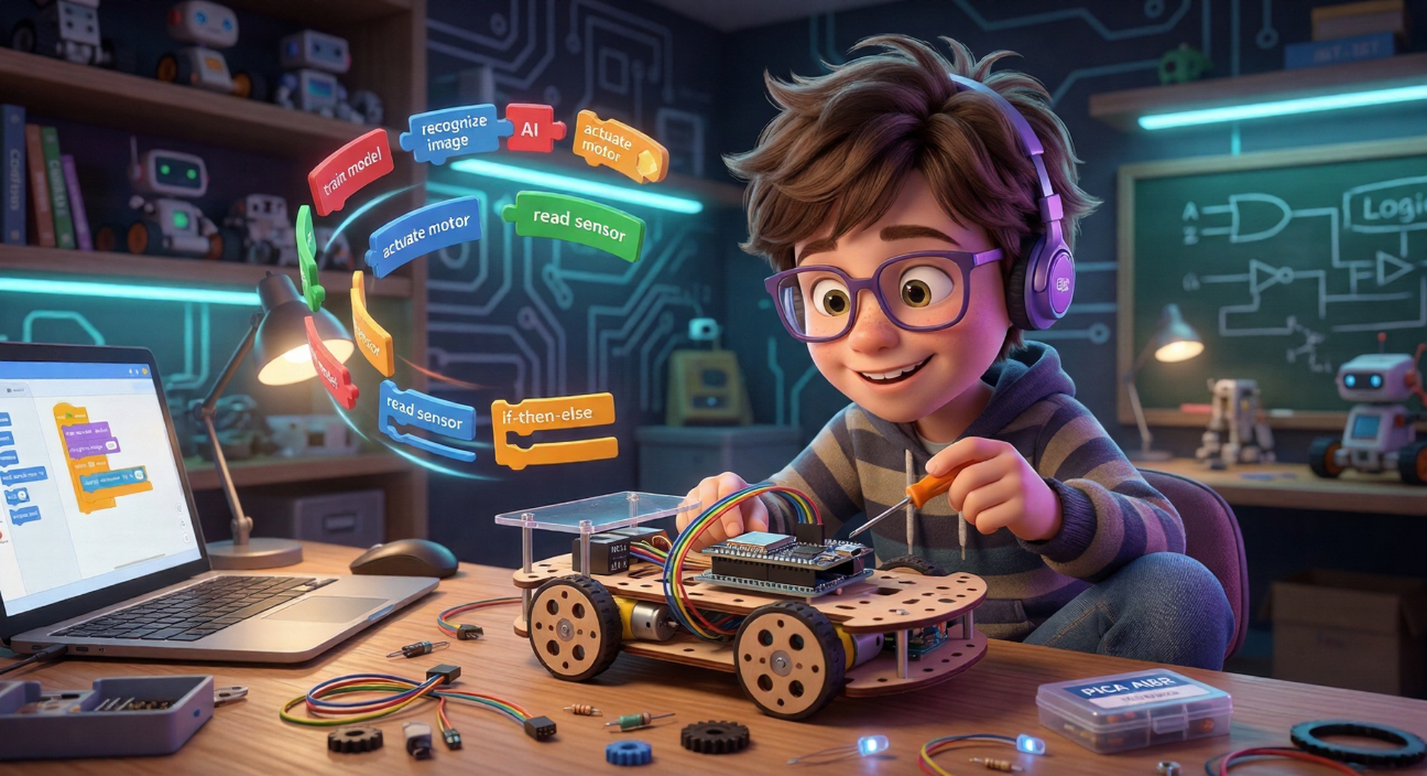 Child building a smart robot car and coding on a tablet