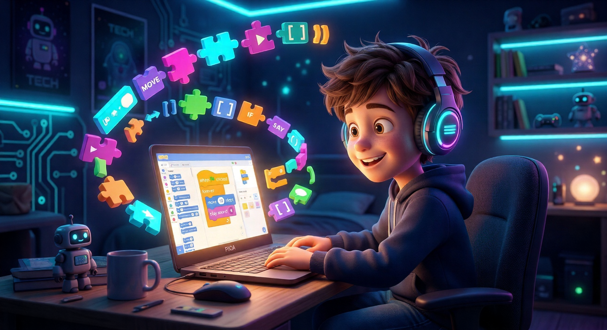 Child learning block-based coding with glowing visual puzzle elements