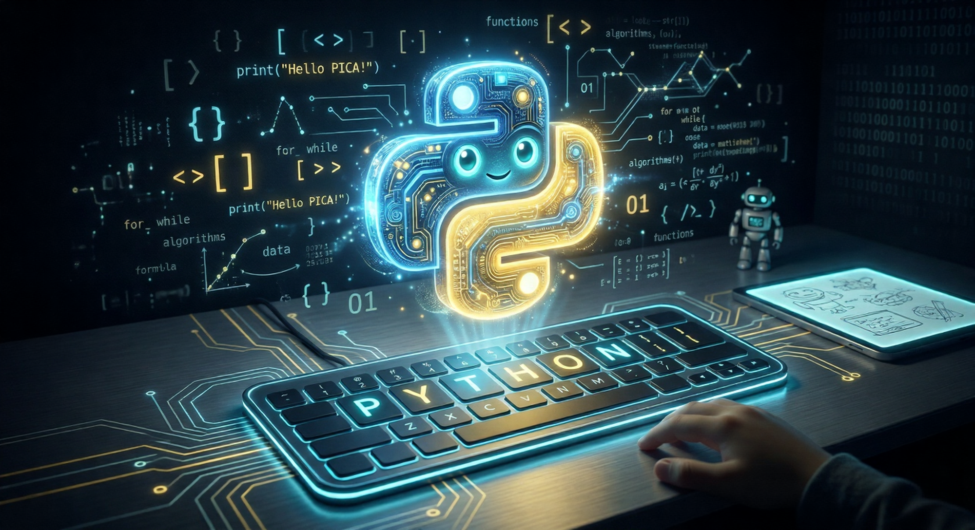 Young student writing text-based Python code on a dual-monitor setup